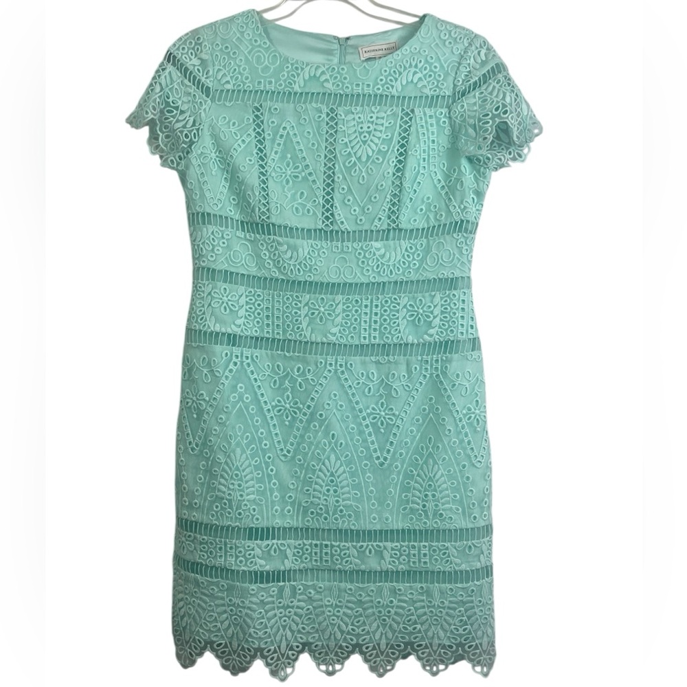 Katherine Kelly pastel green eyelet embroidered sheath dress. Size 10 GUC - Picture 6 of 7